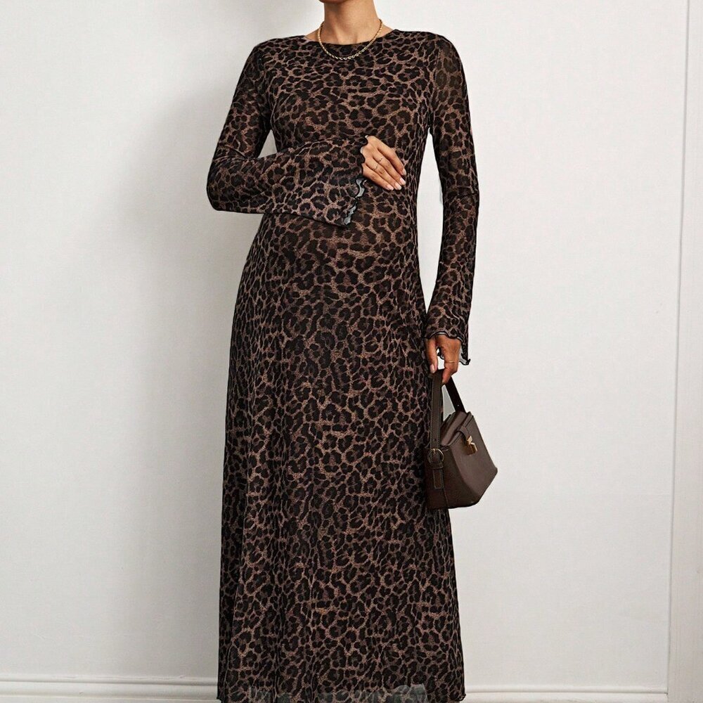 Brown Elegant Women's Casual Leopard Long Sleeve Maternity Dress - Picture 5 of 6